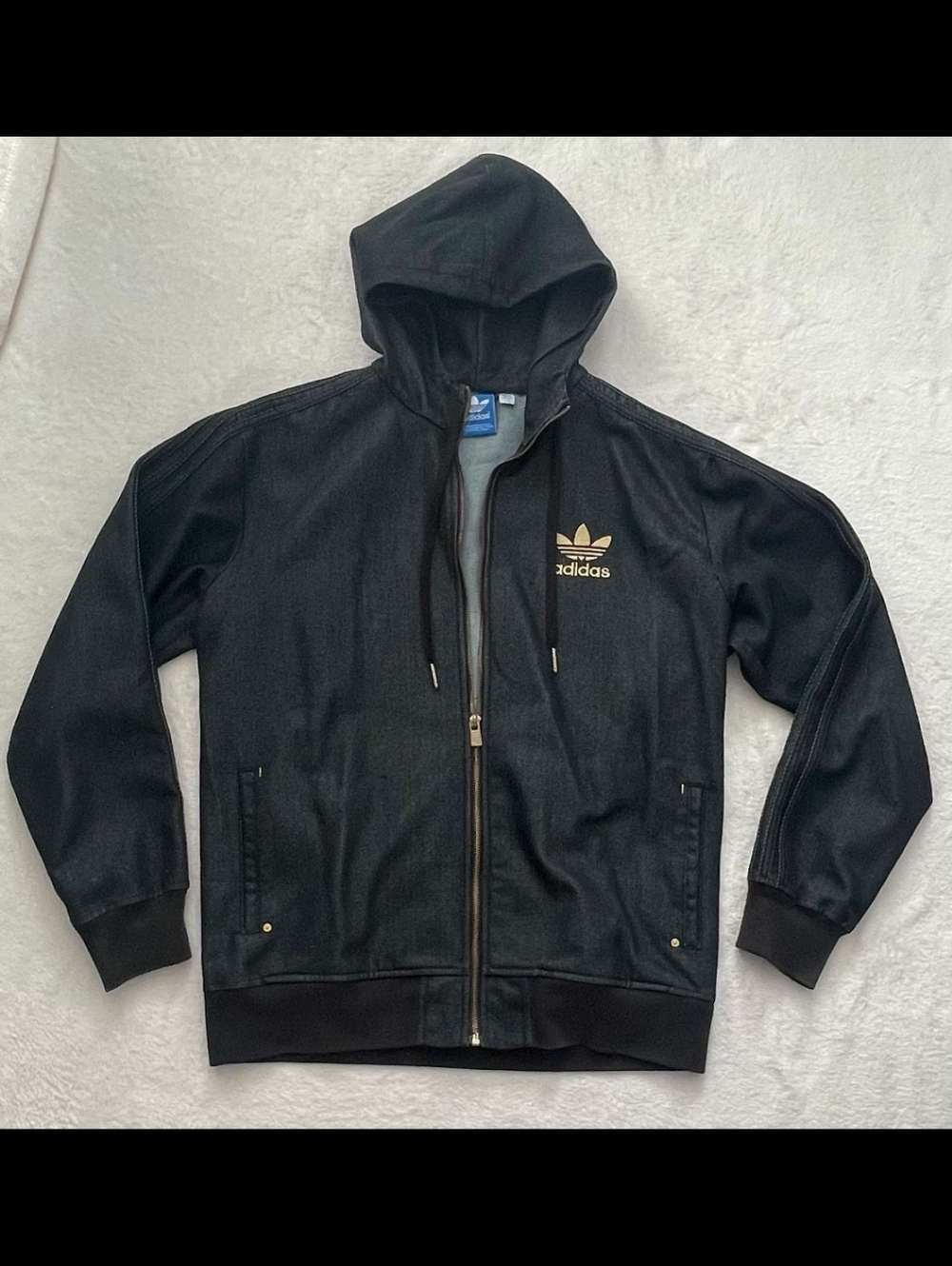 Adidas Black Denim Zip Hoodie ✦ Gold Trefoil ✦ Unisex Oversized L Y2K - Picture 2 of 7